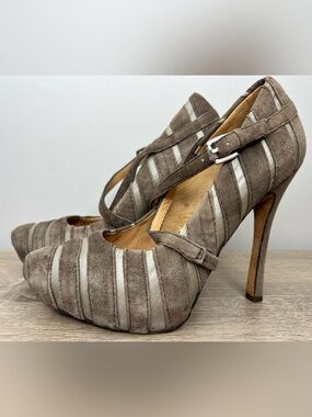 L.A.M.B. Gwen Stefani Taupe Suede & Satin Striped Mary Jane Pumps Size 7.5M
